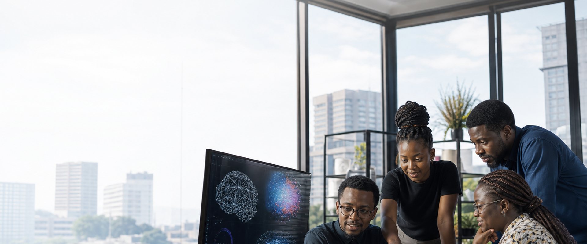 A Harare product team collaborating on an AI interface in a modern workspace