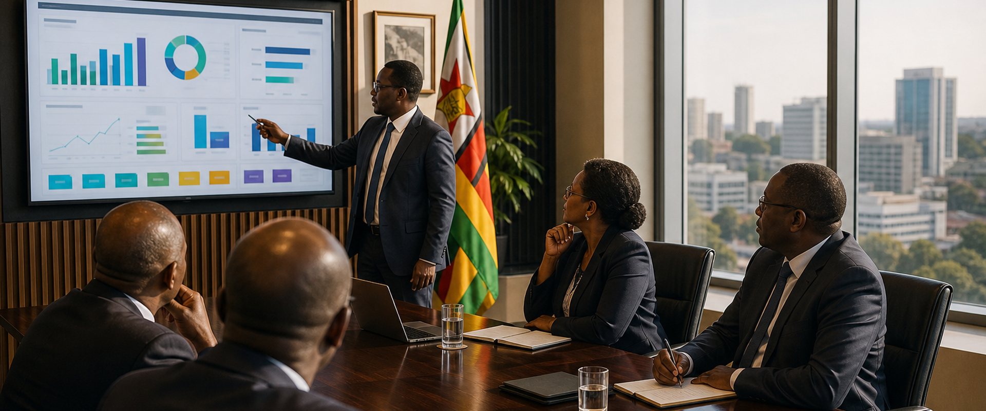 Zimbabwean executives reviewing business intelligence dashboards in a Harare boardroom