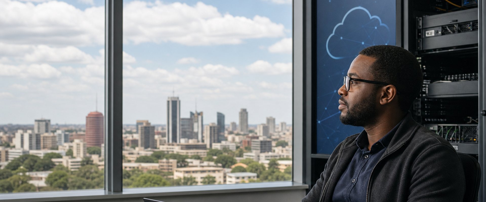 A cloud engineer working in a Harare office with the city skyline outside