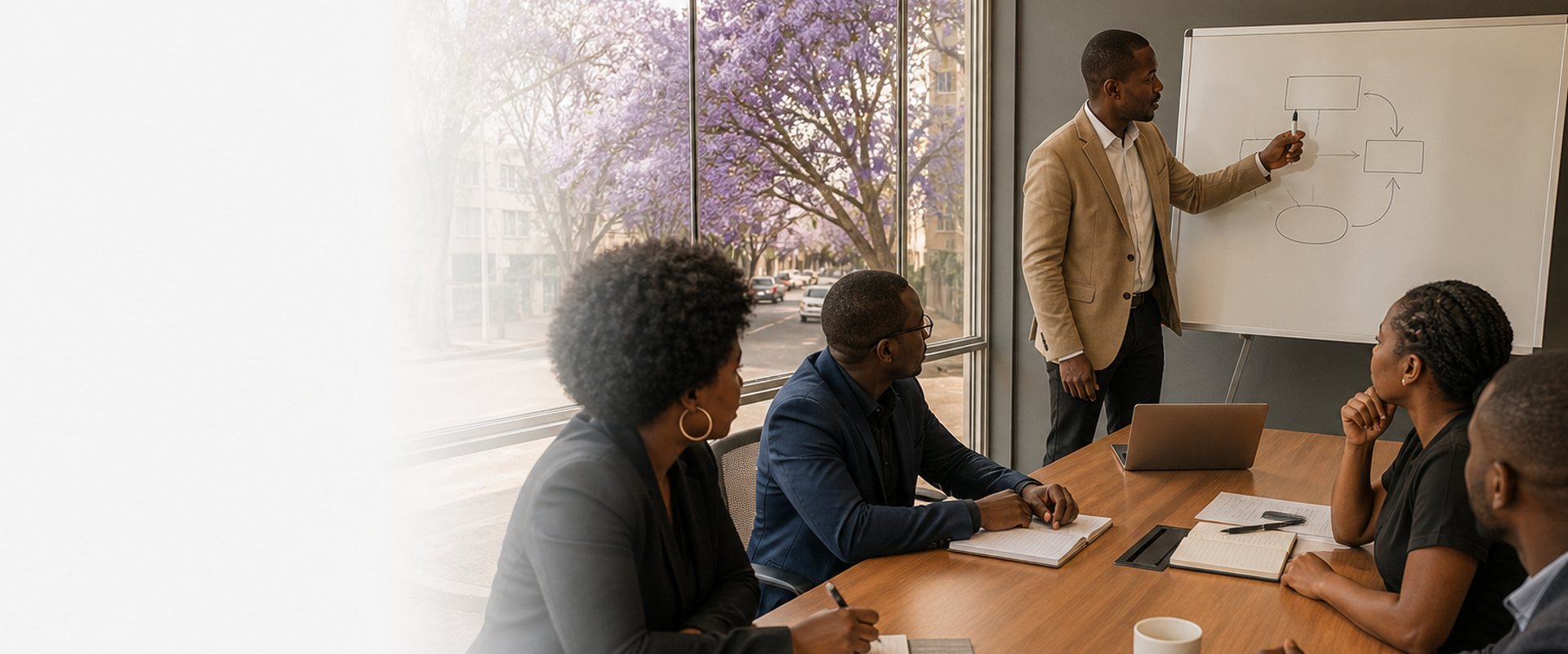 A digital transformation workshop with Zimbabwean managers in a Harare meeting room