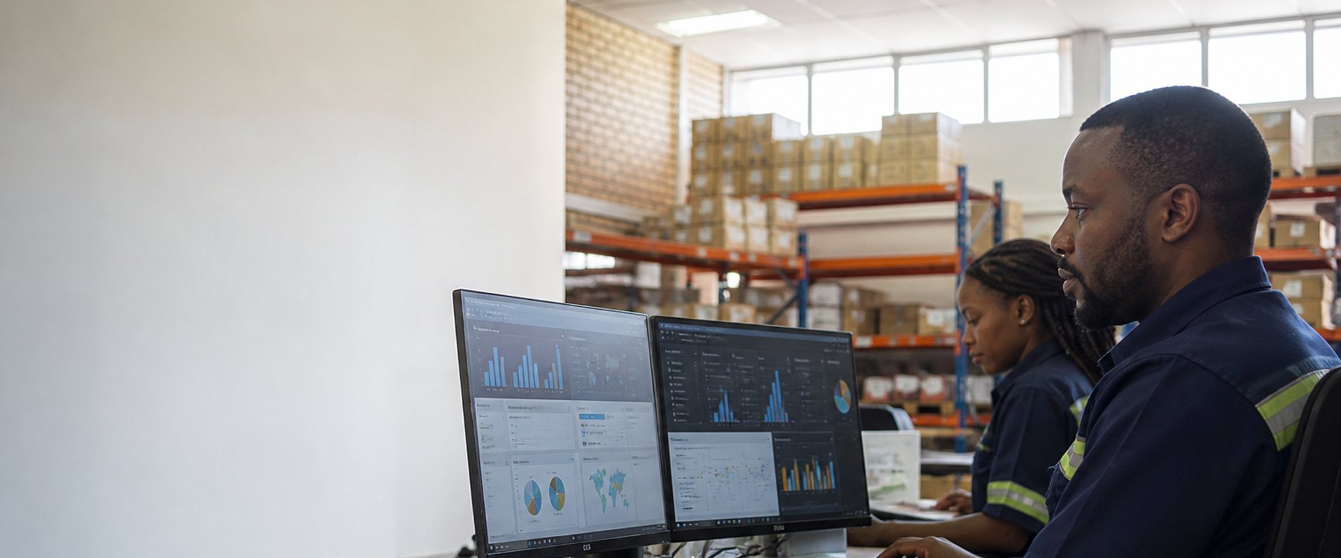 Operations team managing inventory and finance systems in a Zimbabwe warehouse office