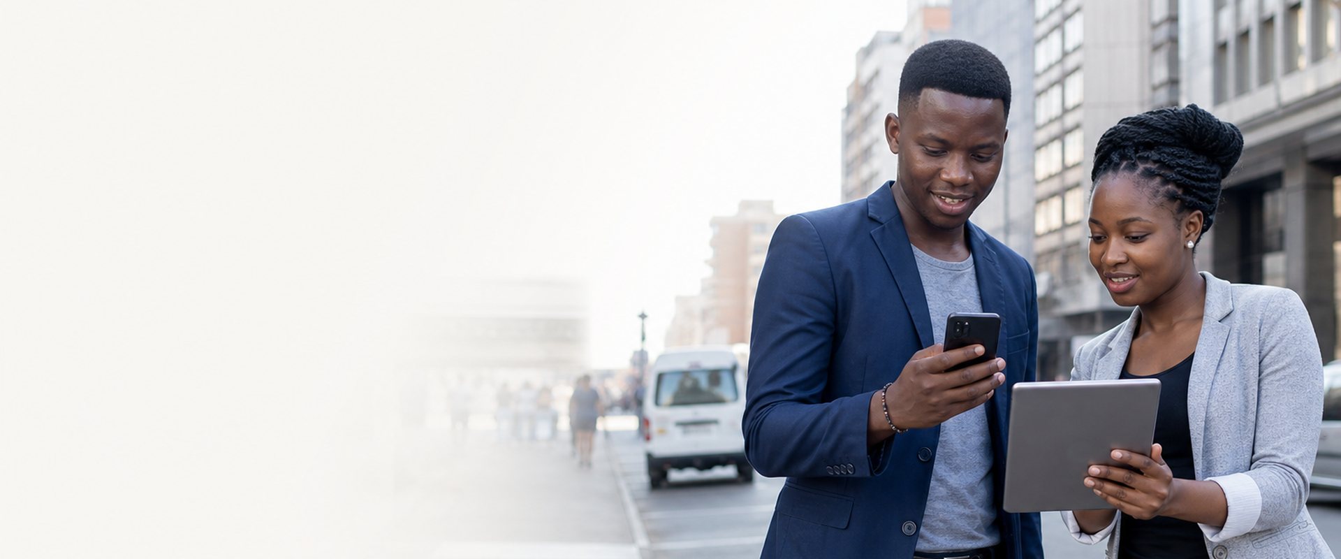 People using smartphones on a Harare street with the CBD in the background